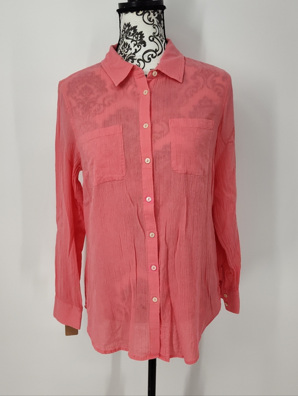 Talbots Coral Pink Sheer Cotton Button-Up Shirt Women's Medium